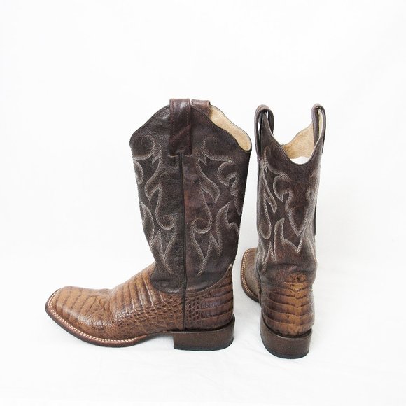 Roper Shoes - ROPER Exotic Croc Leather Cowboy Boots Square Toe Mid Calf in Brown 8 1/2 women